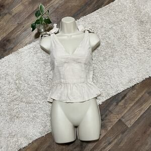 Express Size XS Beige V-Neck Tie Shoulder Zip Back Peplum Linen Blend Tank Top